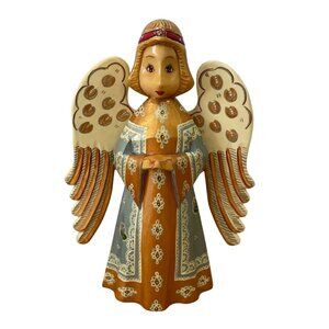 Vtg Russian Wooden Angel Figurine Christmas Hand-Painted Carved Signed Gold Blue